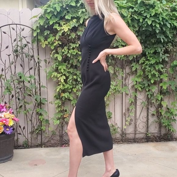 Tahari Classics Black Lined Keyhole Neck Sleeveless Front Slit Midi Dress Size 2 - Picture 3 of 15